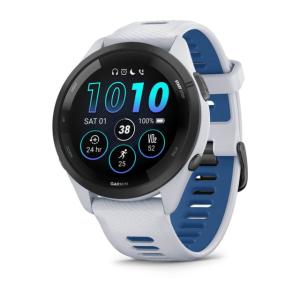 Garmin Forerunner 265 Watch, Black Bezel w/ Whitestone Case and Whitestone/Tidal Blue Silicone Band, 010-02810-01