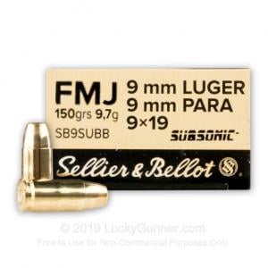 9mm - 150 Grain FMJ Subsonic - Sellier & Bellot - 1000 Rounds