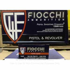 10mm Auto - 180 Grain FMJTC - Fiocchi - 50 Rounds