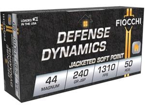 Fiocchi Defense Dynamics Ammunition 44 Remington Magnum 240 Grain Jacketed Soft Point Box of 50 - 416950
