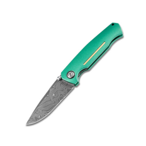 Boker 111102DAM 3.22” Drop Point Plain Damascus Blade Green Aluminum Handle