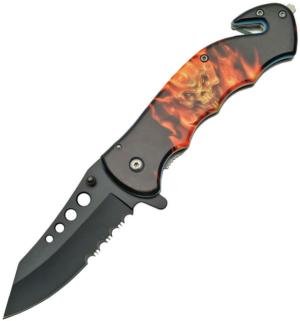 China Made Flaming Skull Linerlock A/O Knife, 300261