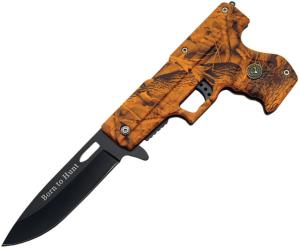 China Made Gun Linerlock Camo Born Hunt Folding Knife, 3.75 black finish stainless blade, Orange camo synthetic handle, 300227-SO