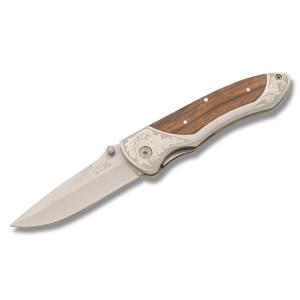 Zebra Wood Linerlock with Etched Stainless Steel Handles and Wood Inserts a Stainless Steel 3.25" Drop Point Plain Edge Blade Model 210840
