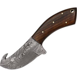 Damascus Knives M1063 Guthook Fixed Damascus Steel Guthook Blade Knife with Brown Wood Handles