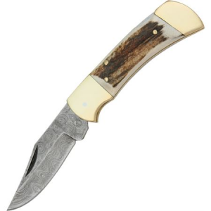 Damascus Knives 1019 Lockback Folding Pocket Damascus Steel Clip Blade Knife with Stag Handles