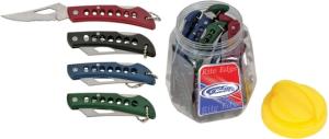 Rite Edge Lockback 36 Pc Assortment Folding Knife, 2.5in Satin SS Clip Point, Synthetic Handle, Nine Of Each Handle Color Black, Green, Red, Blue, Comes In Plastic Countertop Display Jar, 210110-36