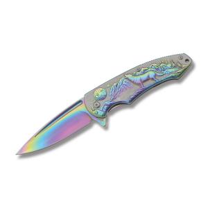 Rainbow Howling Wolf Assisted Linerlock with Aluminum Handles and Stainless Steel 3.375" Drop Point Plain Edge Blades Model 300403RB