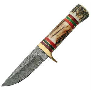 Damascus Knives 1075 Damascus Hunter Stag Handle Fixed Blade Knife
