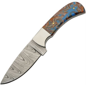 Damascus 1381 Space Hunter Damascus Fixed Blade Knife Blue and Brown Handles