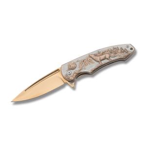 Gold Howling Wolf Assisted Linerlock with Aluminum Handles and Stainless Steel 3.375" Drop Point Plain Edge Blades Model 300403GD