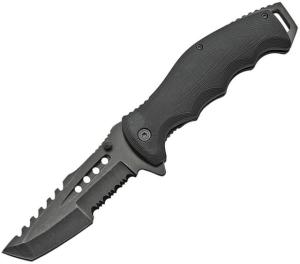 China Made Linerlock A/O Folding Knife, 4.75in Closed, 3.75in Black Stonewash Partially Serrated SS Tanto, Black Rubberized ABS, Black, 300478
