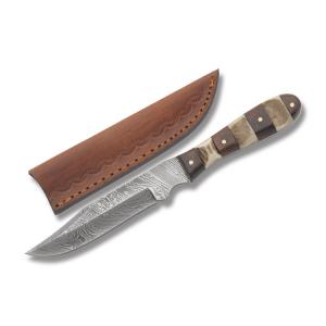 Smokehouse Sidearm Fixed Blade with Stacked Stag and Wood Handles and Damascus Steel Clip Point Plain Edge Blades Model DM-1108