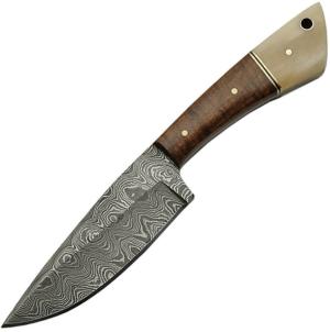 Damascus Skinner Walnut/Bone Knife, Skinner, 8in Overall, 4in Damascus Steel Skinner Blade, Walnut And Bone Handle, Brown Leather Sheath, DM-1123BO