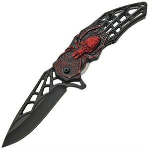 China Made 300451RD Web Linerlock Assisted Opening Black Finish Stainless Blade Knife with Red Skull and Spider Artwork Handle