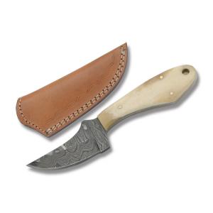 Szco Cat Skinner with Smooth Bone Handles and Damascus Steel 2.812" Clip Point Plain Edge Blades Model DM-1131BO