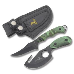 Master Cutlery Elk Ridge Hunting Knife Combo with Green Camo Rubber Handles and Black Coated Stainless Steel Plain Edge Blades Model ER-300CA