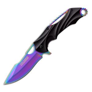 Master Cutlery Tac-Force Spring Assisted Linerlock with Black Aluminum Handle with Rainbow Liner and Rainbow Stainless Steel 4.00" Drop Point Blade Model TF-858RB