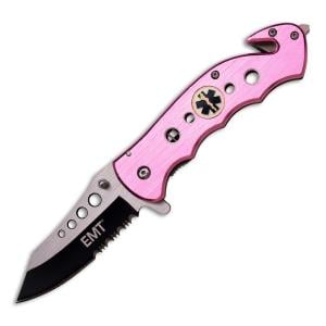Master Cutlery TacForce Pink EMT Rescue Assisted Folder with Pink Anodized Aluminum Handle and Satin and Black Finish Stainless Steel 3.25" Clip Point Partially Serrated Blade Model TF-498PEM