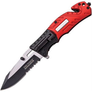 Tac Force Knives 835FD Fire Rescue Assisted Opening Part Serrated Linerlock Knife with Red and Black Aluminum Handles