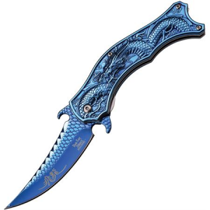 Dark Side Knives 019BL Assisted Opening Linerlock Folding Pocket Knife with Blue Titanium Coated Dragon Artwork Handles