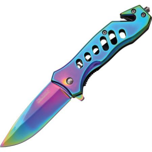 Tac Force Knives 844 Rescue Assisted Opening Linerlock Folding Rainbow Finish Pocket Knife with Rainbow Stainless Handles