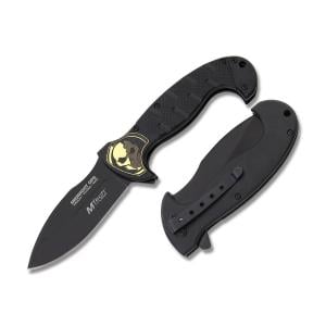 Master Cutlery MTech USA Ballistic Spring Assisted Opening Linerlock with Black Aluminum Handle and Black Coated Stainless Steel 3.75" Drop Point Partially Serrated Edge Blade Model MT-A876BK