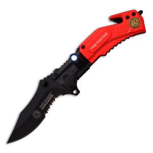 Master Cutlery TF874FD TacForce Fire Fighter Assisted Folder with Red and Black Aluminum Handle and Black Coated Stainless Steel 3.5" Clip Point Partially Serrated Blade Model TF-874FD