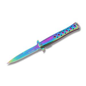 Master Cutlery Tac-Force Spring Assisted Stiletto Linerlock with Rainbow Titanium Coated Stainless Steel Handle and Rainbow Titanium Coated 440C Stainless Steel 4” Plain Edge Spear Point Blade Model TF-884RB