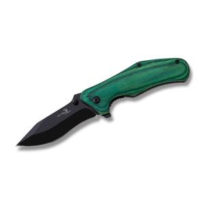Elk Ridge Spring Assisted Folder with Green Colored Wood Handle and Black Coated Stainless Steel 2.9" Drop Point Blade Model ER-A013GW
