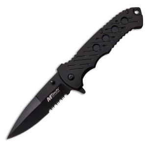 MTech USA Ballistic Spring Assisted Knife with Black Anodized Aluminum Handle and Black Coated Stainless Steel 3.94" Spear Point Partially Serrated Edge Blade Model MT-A874BS