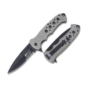 Master Cutlery MTech USA Ballistic Spring Assisted Folder with Gray Anodized Alumiunm Handle and Black Coated Stainless Steel 3.94" Spear Point Partially Serrated Edge Blade Model MT-A874GY