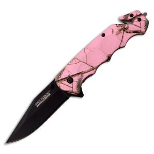 Tac-Force Spring Assisted Rescue Knife with Pink Camo Aluminum Handle and Black Stainless Steel 3.25" Clip Point Blade Model TF-499PC