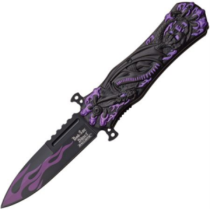 Dark Side Knives 049PE Assisted Opening Linerlock Folding Pocket Knife with Purple and Black Dragon Flame Artwork Handle