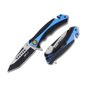 Master Cutlery MTech USA Spring Assisted Knife with Black and Blue Two-Tone Anodized Aluminum Handle with Police Shield and Black and Satin Two-Tone Stainless Steel 3.25" Plain Edge Tanto Blade Model MT-A950BL