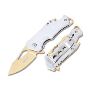 Master Cutlery MTech USA Ballistic Assisted Opening Framelock with Mirror Polished Stainless Steel Handle with Bottle Opener and Gold Coated Stainless Steel 2.25” Modified Drop Point Plain Edge Blade Model MT-A882SGD
