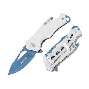 Master Cutlery MTech USA Ballistic Assisted Opening Framelock with Mirror Polished Stainless Steel Handle with Bottle Opener and Blue Coated Stainless Steel 2.25” Modified Drop Point Plain Edge Blade Model MT-A882SBL
