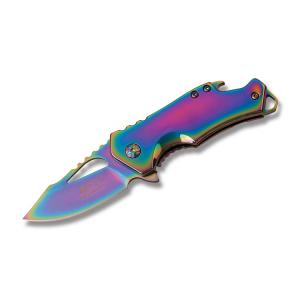 Master Cutlery MTech USA Assisted Opening Framelock with Rainbow Coated Stainless Steel Handle with Bottle Opener and Rainbow Coated Stainless Steel 2.25” Modified Drop Point Plain Edge Blade Model MT-A882SRB