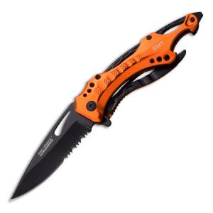 Tac-Force EMT Spring Assisted Knife with Orange Aluminum Handle and Black Stainless Steel 3.25" Partially Serrated Drop Point Blade Model TF-705EM