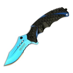 Master Cutlery Tac-Force Spring Assisted Folder with Black Aluminum Handle and Blue 3Cr13 Steel 3.75" Partially Serrated Drop Point Blade Model TF-943BB