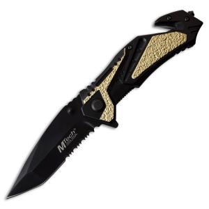 MTech USA Spring Assisted Rescue Folder with Black and Tan Aluminum Handle and Black 3Cr13MoV Stainless Steel 3.50" Partially Serrated Tanto Blade Model MT-A1012TN