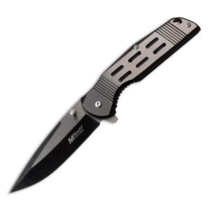 MTech USA Spring Assisted Knife with Satin and Black Stainless Steel Handle and Satin Finish and Black 3Cr13MoV Stainless Steel 3.5" Drop Point Blade Model MT-A1019BK