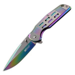 MTech USA Spring Assisted Knife with Satin and Rainbow Stainless Steel Handle and Satin Finish and Rainbow 3Cr13MoV Stainless Steel 3.5" Drop Point Blade Model MT-A1019RB