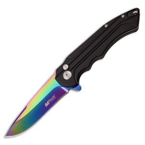 MTech USA Manual Folding Knife with Black Aluminum Handle and Rainbow 3Cr13MoV Stainless Steel 3.1" Drop Point Blade Model MT-1022RBK