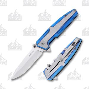 MTech USA Spring Assisted Knife Mirror Stainless Steel Blade Blue Stainless Steel Handle