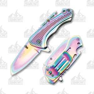Master Cutlery MTech USA Assisted Opening Framelock Rainbow Aluminum Handle Stainless Steel Blade