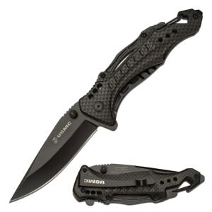 USMC Drop Point Spring Assisted Knife w/Pocket Clip and Bottle Opener, 3.5 in, 3Cr13 Stainless Steel Stainless Steel, Carbon Fiber Pattern, M-A705G2CF