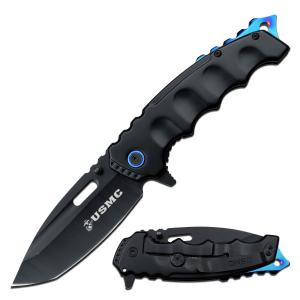 USMC Assisted Opening Folding Knife Black with Blue Accents