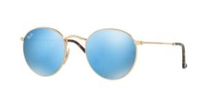 Ray-Ban ROUND METAL RB3447N Sunglasses 001/9O-50 - Shiny Gold Frame, Light Blue Flash Lenses