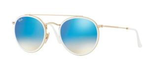 Ray-Ban RB3647N Round Double Bridge Sunglasses, Gold Frame, Gradient Brown Mirror Blue Lenses, 001/4O-51